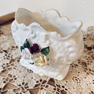 Vintage Heart Shaped Porcelain Vase Gold Trim Applied Roses Cottage Floral
